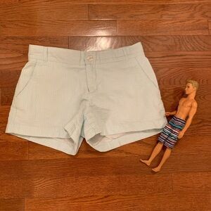 LAUREN JAMES SEERSUCKER SHORTS TEAL WHITE SMALL SUMMER WOMENS. NYC PREPPY